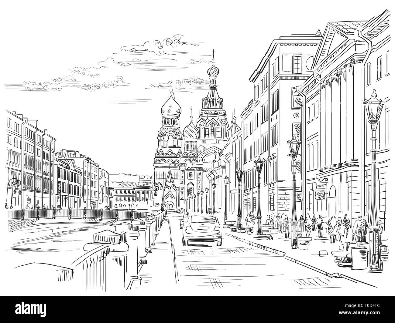 Cityscape of Church of the Savior on Blood in Saint Petersburg, Russia and embankment of river. Isolated vector hand drawing illustration in black col Stock Vector