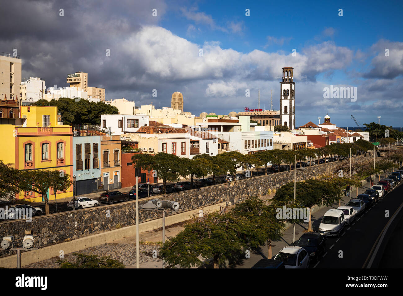 Skyline view over the Barranco de Los santos to the Noria district and the bell tower of the Church of the Immaculate Conception in Santa Cruz de Tene Stock Photo