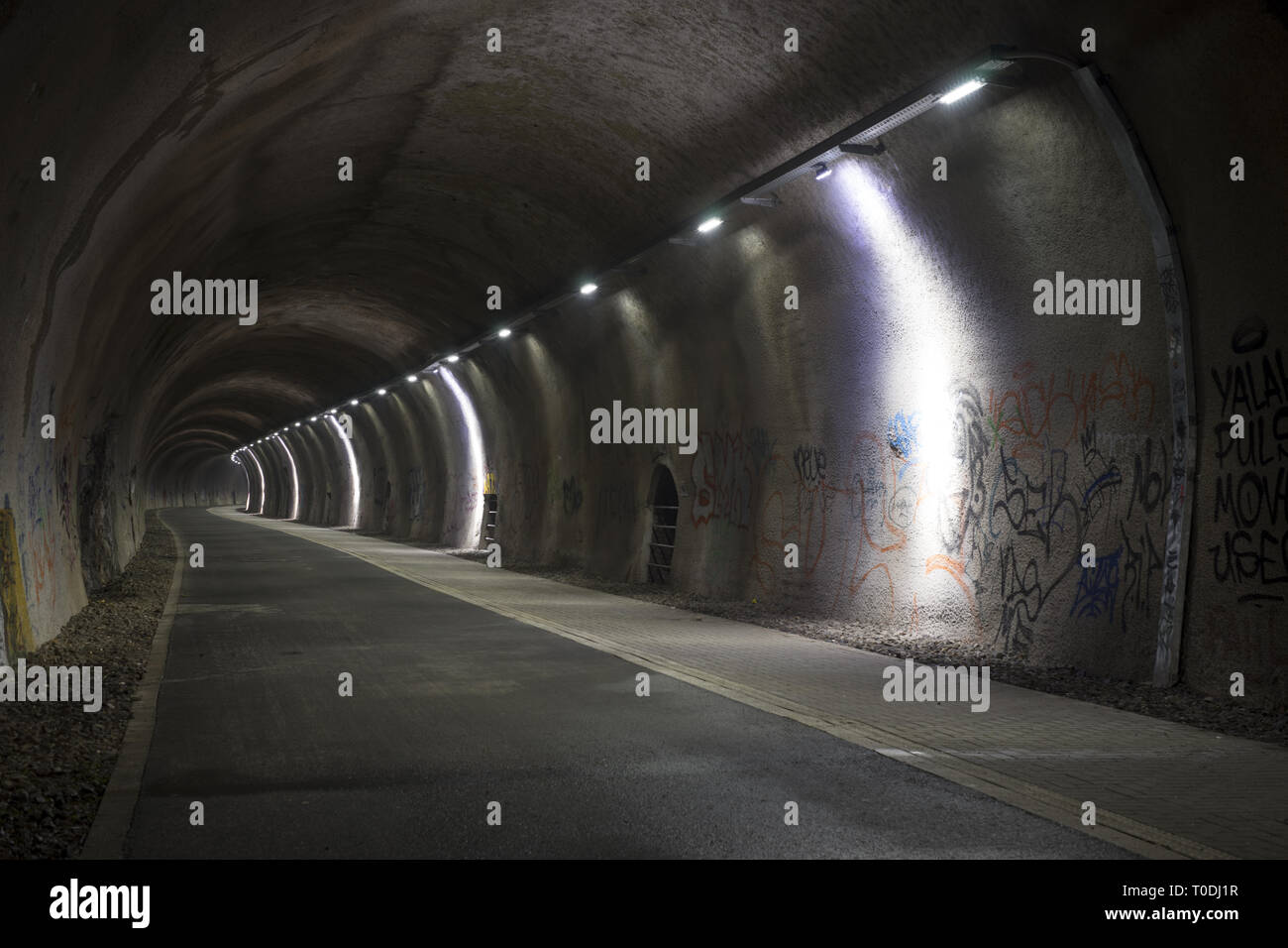 Illuminated tunnel of the Nordbahntrasse in Wuppertal (Germany) at night Stock Photo