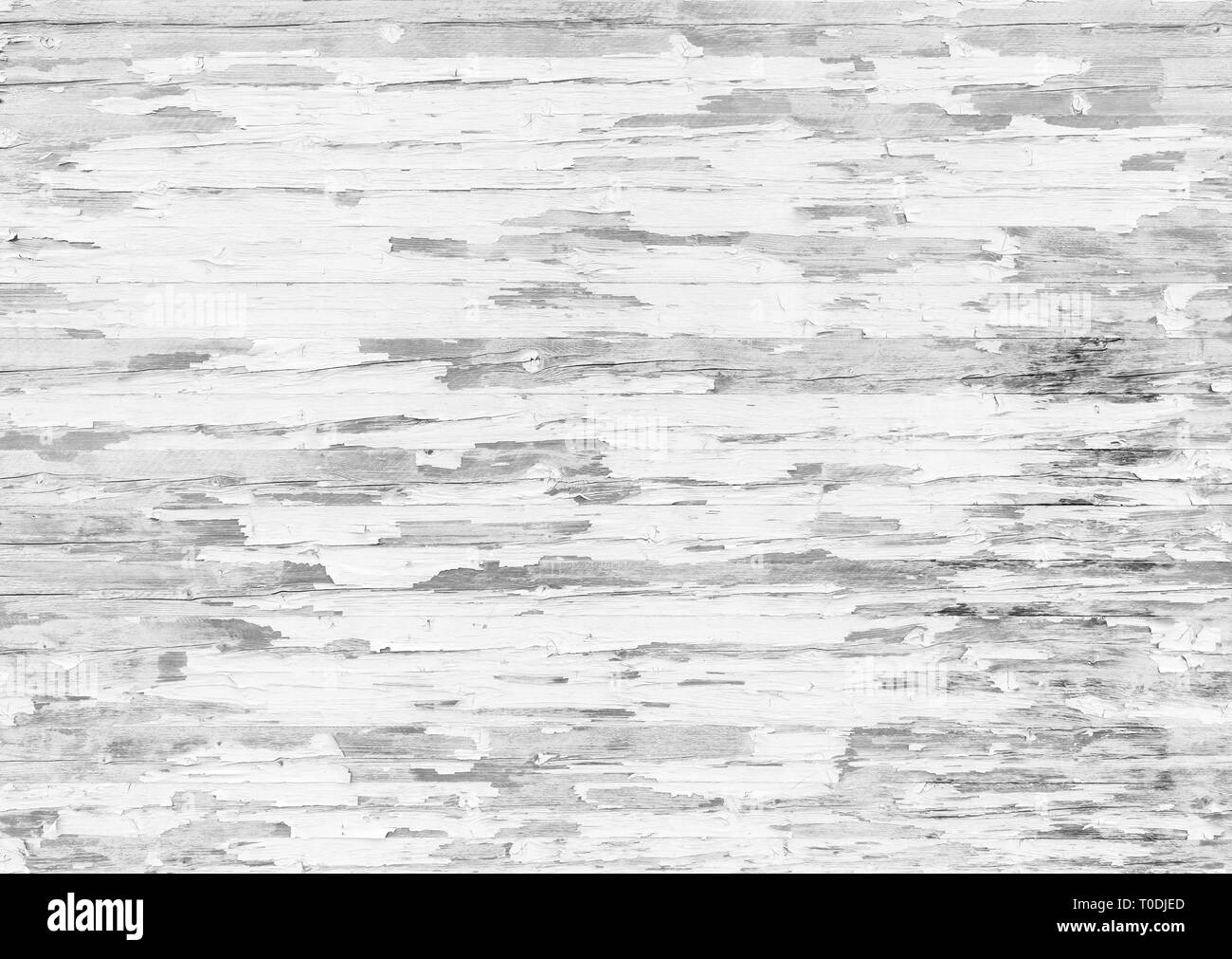 High resolution full frame background of a weathered and faded wooden wall or wood panelling in black and white, paint mostly peeled off. Stock Photo