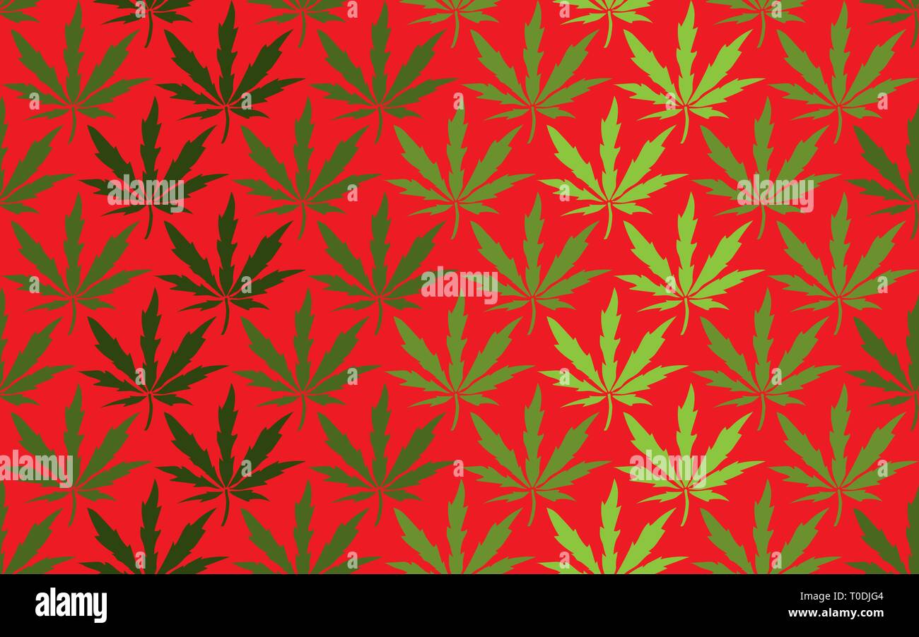 Cannabis leaves seamless pattern on red background. Vector Stock Vector