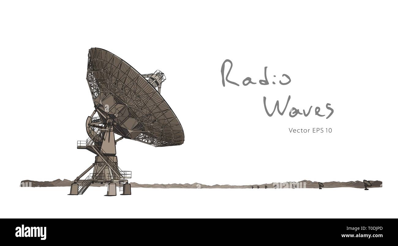 Radio telescope dishes antenna. Vector sketch draw Stock Vector