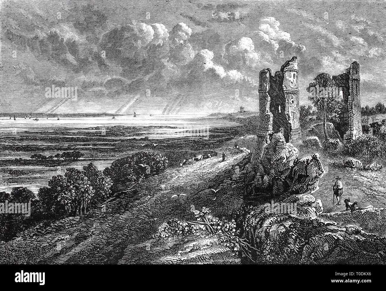 Digital improved reproduction, landscape by the sea with a ruined castle, hadleigh castle is a ruined castle on a hillside above the estuary of the thames south of the town of hadleigh in the english county of essex, after a painting by john constable, original woodprint from th 19th century Stock Photo