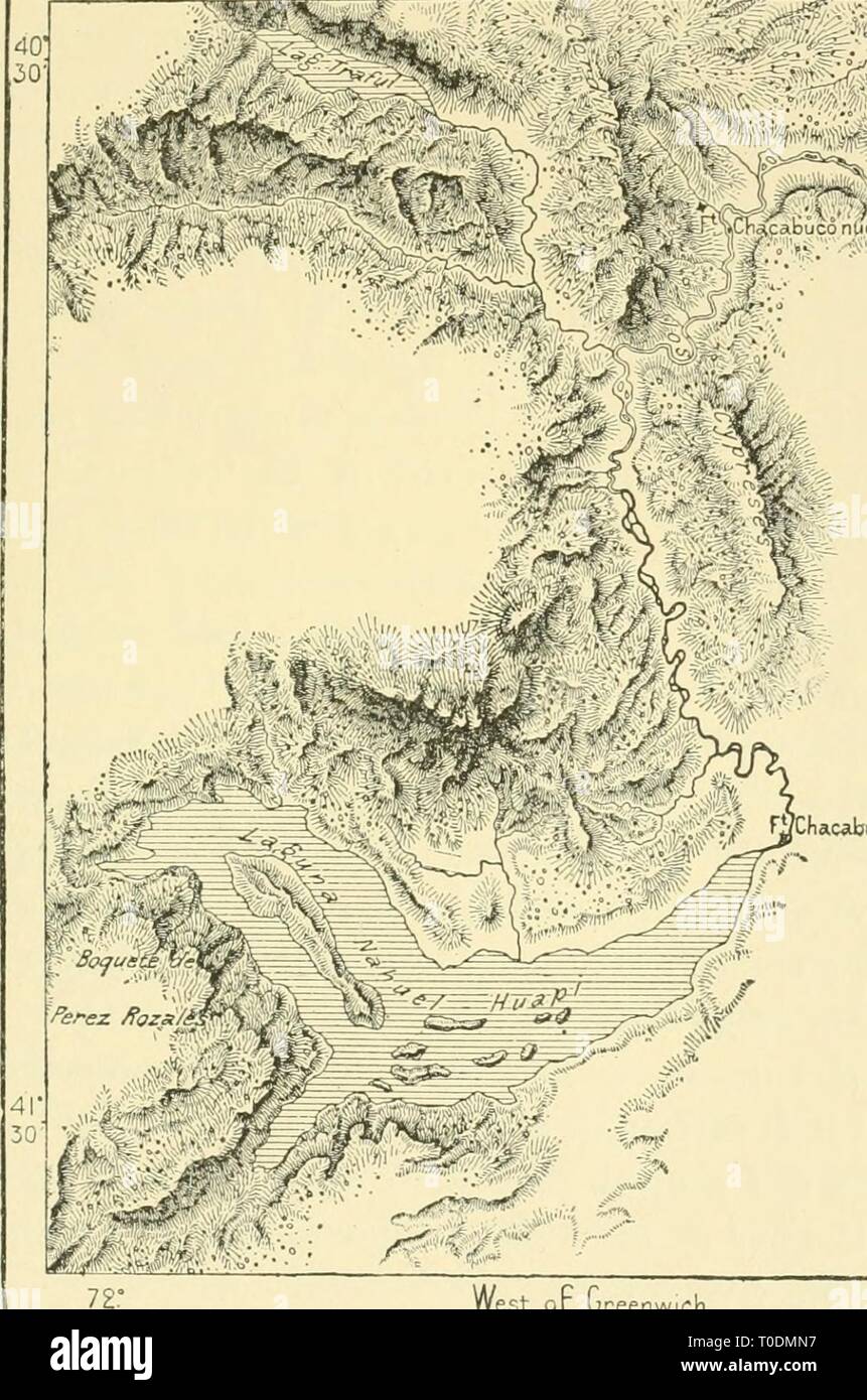 The earth and its inhabitants The earth and its inhabitants .. earthitsinhabita293recl Year: 1893  THE ARGENTINE UPLANDS. 359 hill separates an affluent of the E,io Limay from the Chilian lake Picaullu (Lacar, Ijajar), which stands about 2,400 feet above the sea, while the boquete de Perez Kosalez, a third pass at the western extremity of Lake Nahuel-Huapi, falls below 2,800 feet. A second Argentine Cordillera, developed to the east of the first, is less ravined, but also less elevated, though the peaks in the Sierras de Catalin and de las Angos- Fig. 1-17.âNahuel-Hualpi and neighbouking Mount Stock Photo