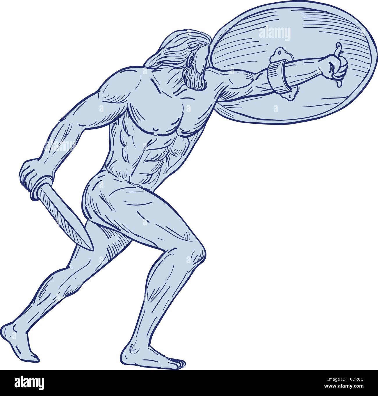 Drawing sketch style illustration of Hercules, a Roman hero and god equivalent to Greek divine hero Heracles, shielding with shield and carrying a swo Stock Vector