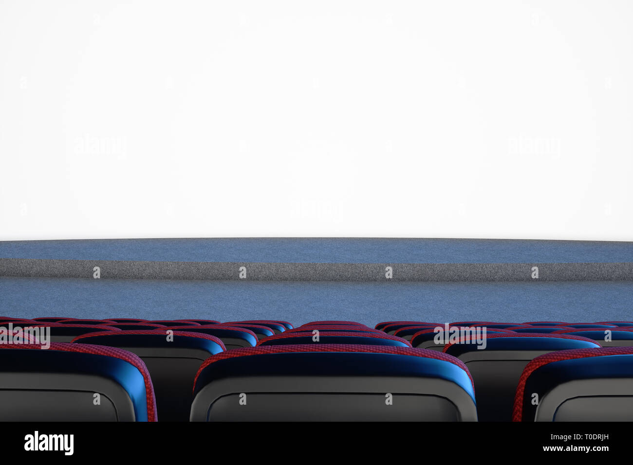 Cinema concept with blue light. Red chairs in the cinema hall with blank screen. 3D illustration Stock Photo
