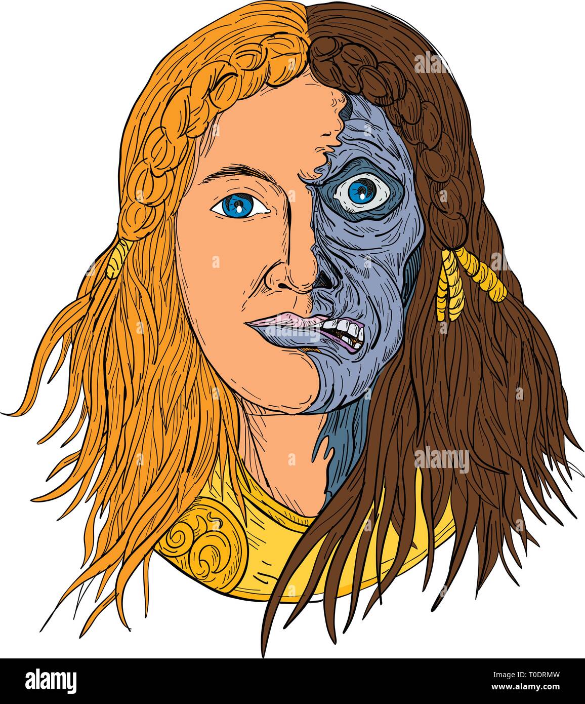 Drawing Sketch Style Illustration Of Face Of Hel A Goddess In Norse Mythology With Face Half Skeleton And Half Flesh With Gloomy Downcast Appearan Stock Vector Image Art Alamy