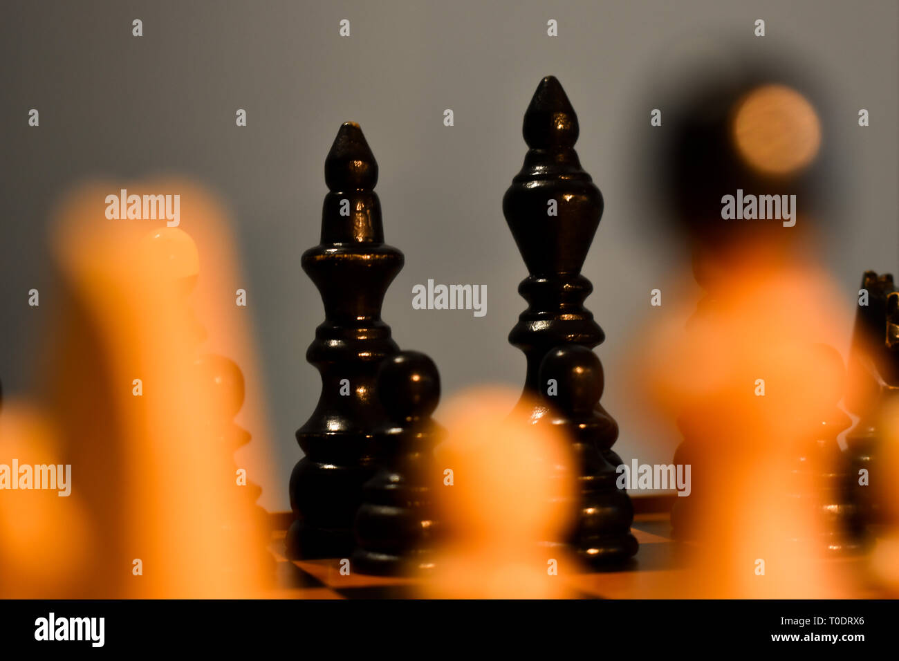 Chessboard with chess black pieces, king and queen in focus, bishop, knight, rook, pawn Stock Photo