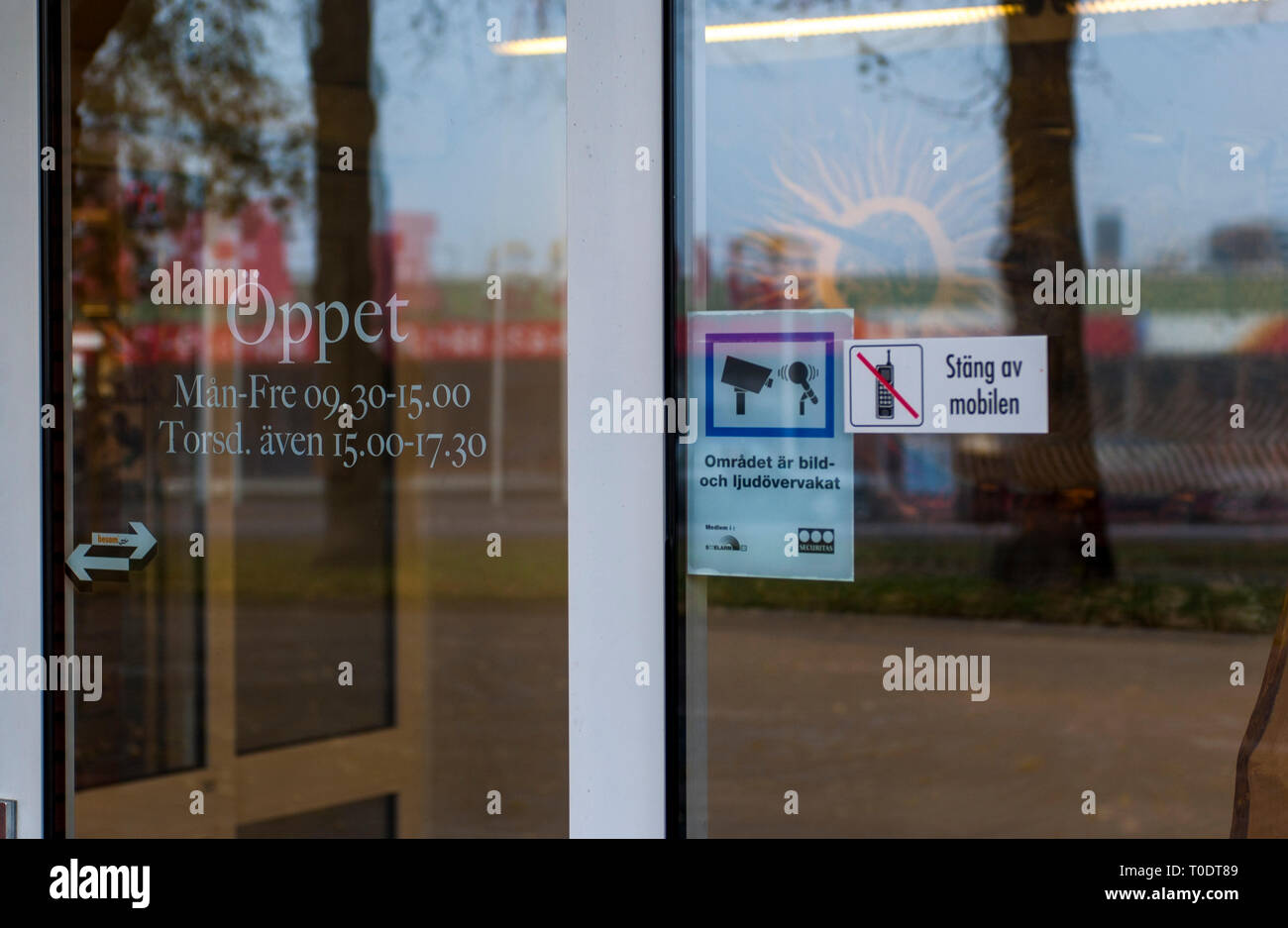 Turn off the mobile phone when visiting the bank, Sunne, Värmland, Sweden. Stock Photo
