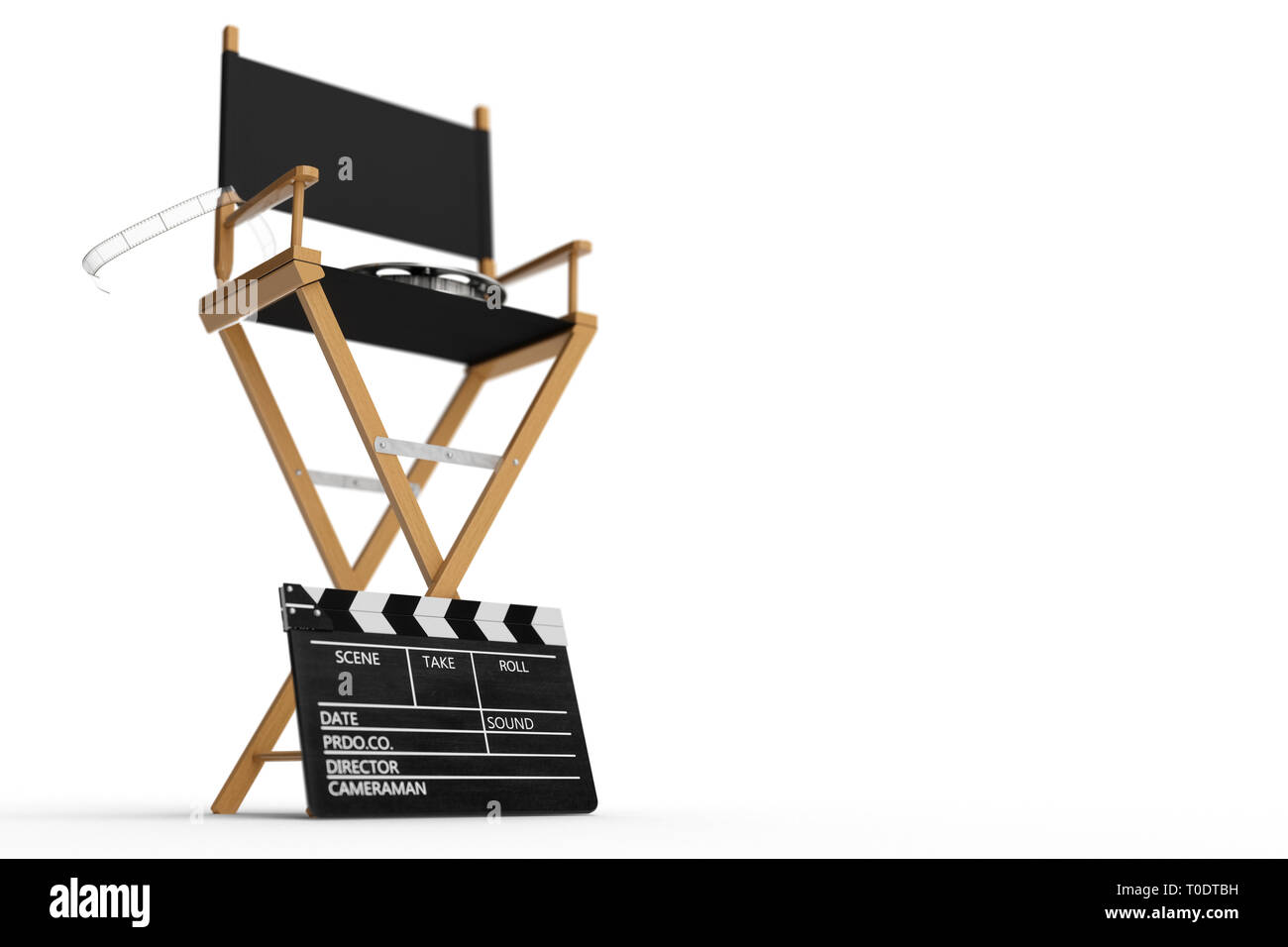 Director Chair, Movie Clapper and film reel. Director chair isolated on