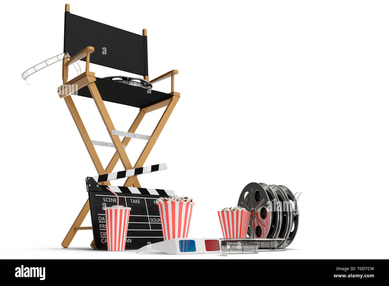 3d Illustration Director Chair Movie Clapper Popcorn 3d