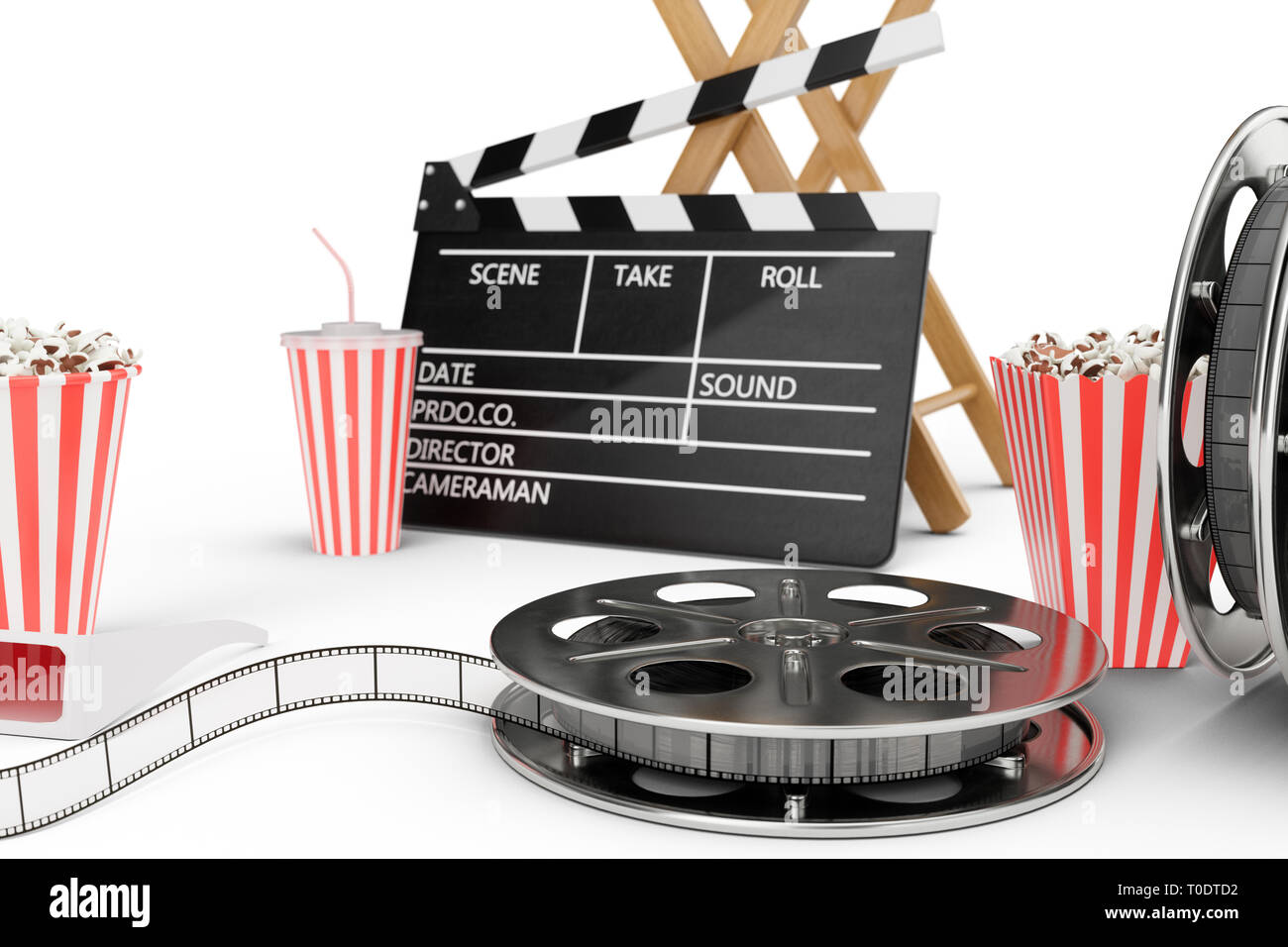 3d Illustration Director Chair Movie Clapper Popcorn 3d