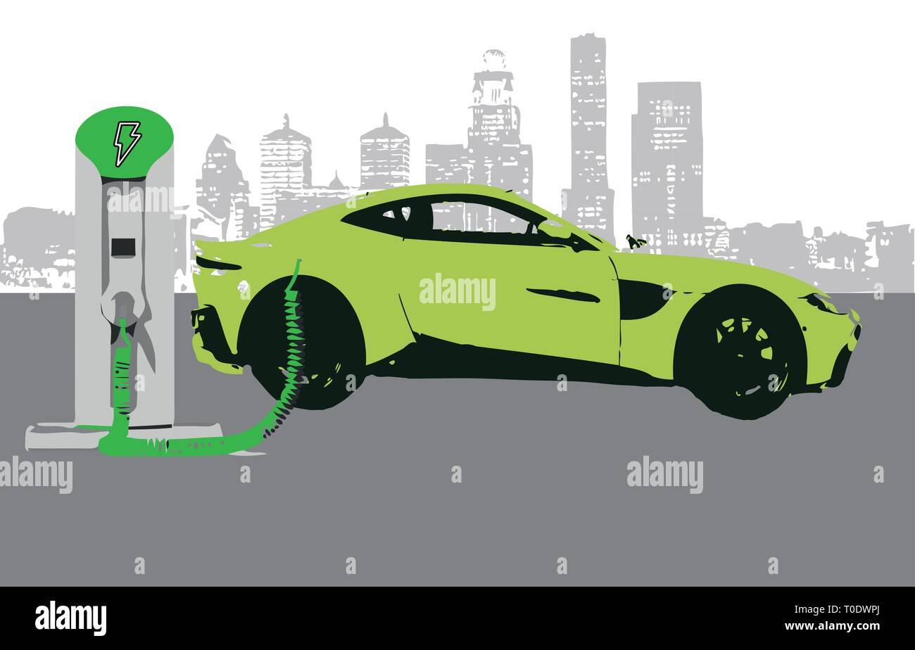 Electric car charging at the charging station city background Stock Vector
