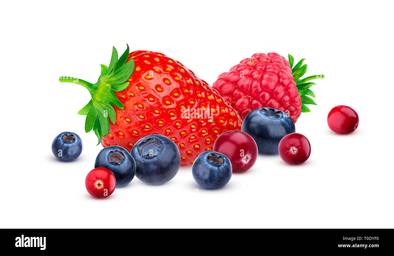 Pile of different wild berries isolated on white background with