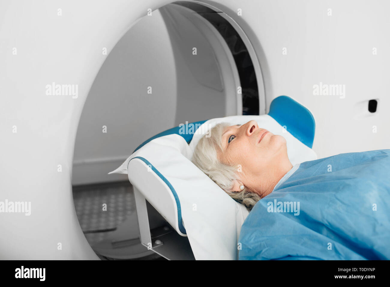 Senior patient at a computer tomography exam Stock Photo