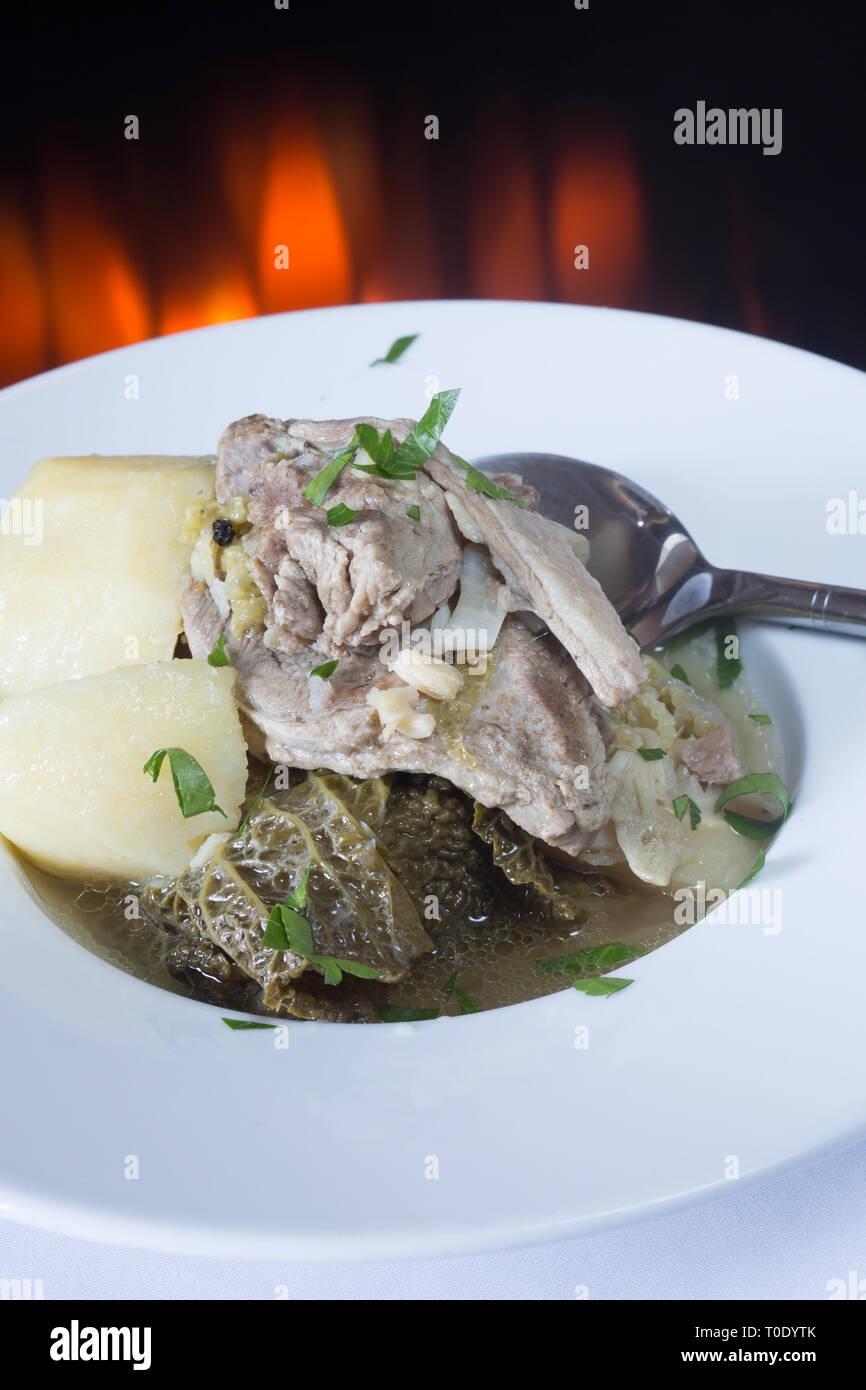 National Norwegian dish of braised Lamb and Cabbage served wit potatoes, Farikal. Stock Photo