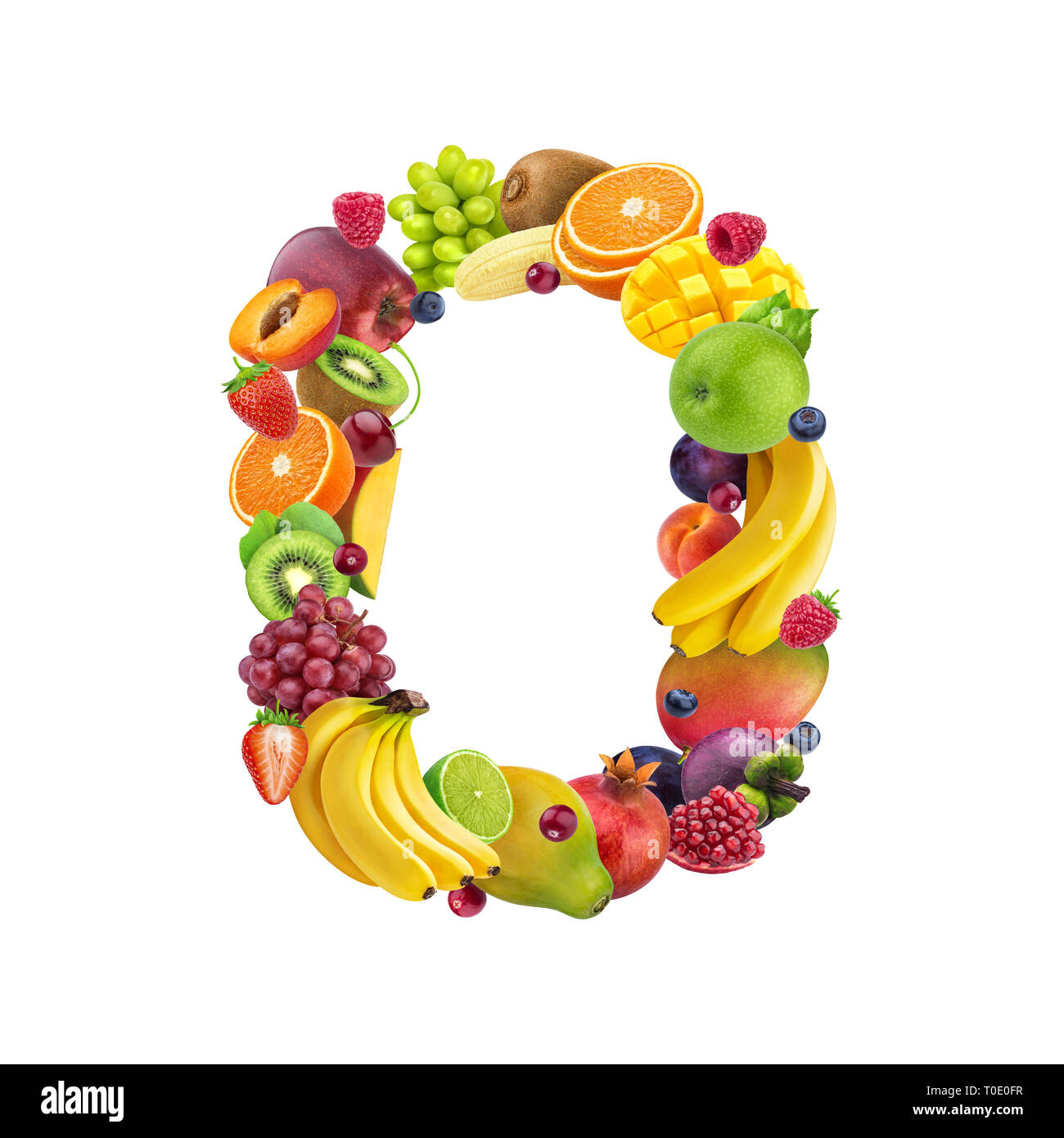 Number zero made of different fruits and berries, fruit alphabet