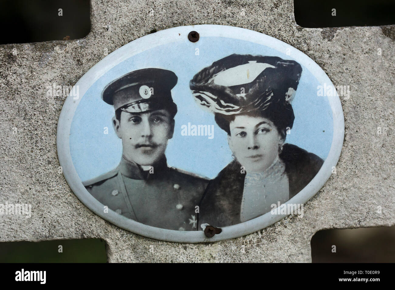 Photograph of Russian military officer Boris Arapov and his wife Zinaida Arapova, née Princess Golitsyn, on their tombstone at the Russian Cemetery in Sainte-Geneviève-des-Bois (Cimetière russe de Sainte-Geneviève-des-Bois) near Paris, France. Russian nobleman Boris Arapov was born on 7 February 1880, left Russia at age about 40, spent about 17 years in exile and died at age 57 on 19 October 1937. His wife Zinaida Arapova was born on 12 April 1881 as Princess Golitsyn, left Russia at age about 40, spent less than ten years in exile and died at age 46 on 5 February 1928. Stock Photo