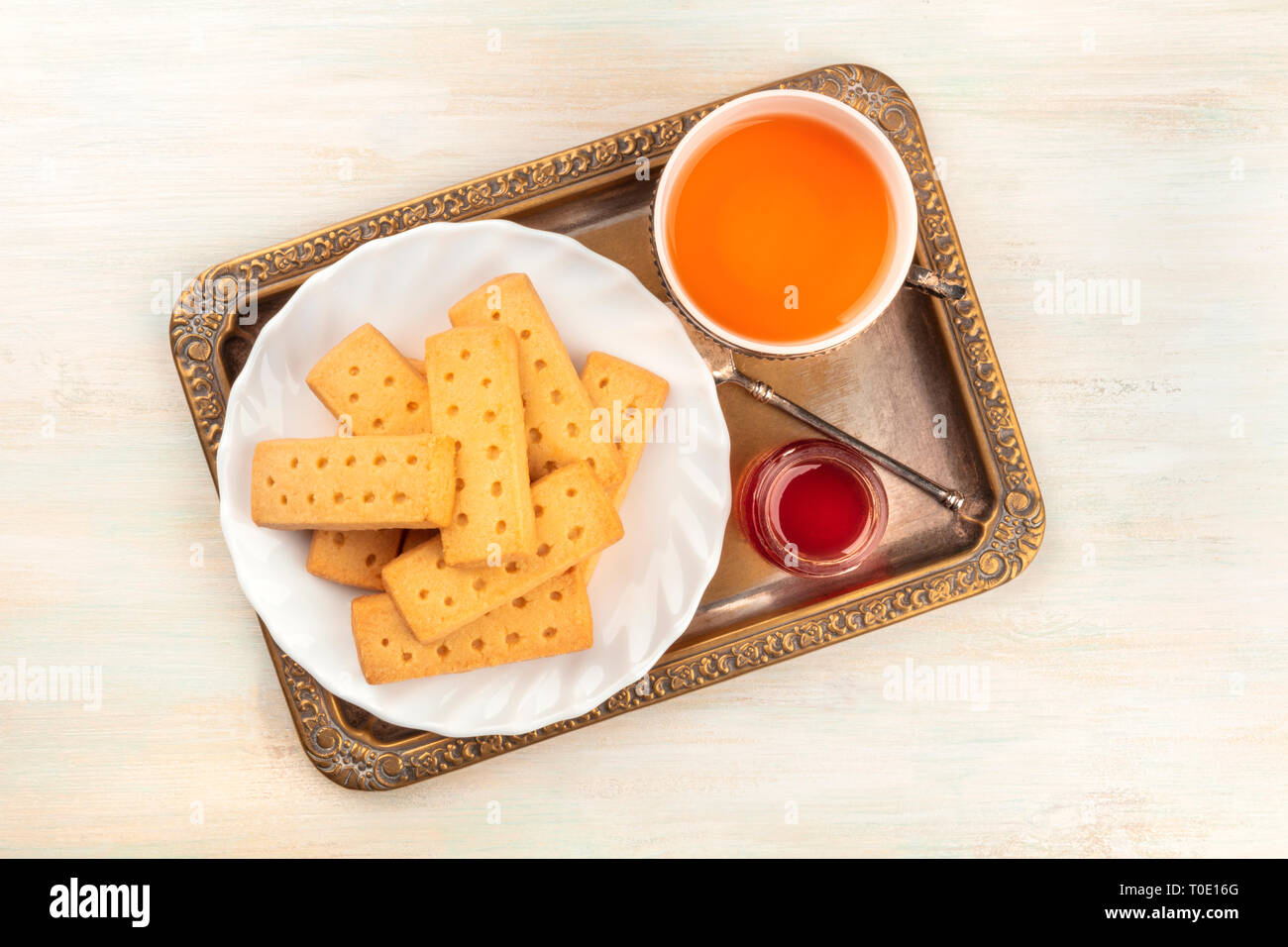 Scottish shortbread butter cookies, shot from the top on a vintage tray
