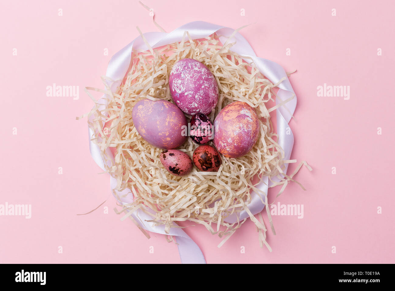 Pink Easter chicken eggs and quail eggs in nest with white ribbon on pink background. Concept of Easter background, flat lay Stock Photo