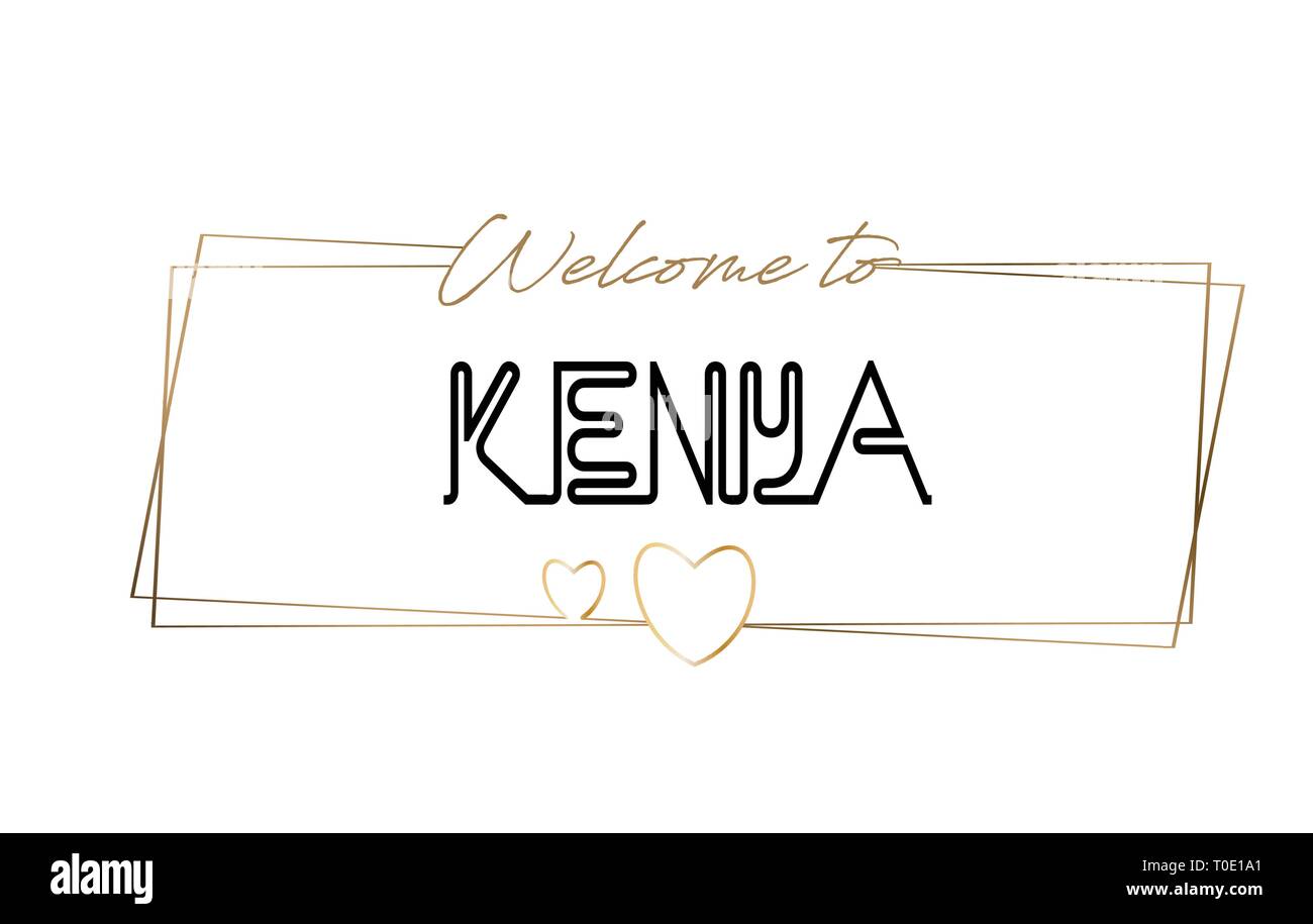 Kenya Welcome to text Neon lettering typography. Word for logotype, badge, icon, card, postcard, logo, banner with Wired Golden Frames and Hearts Desi Stock Vector