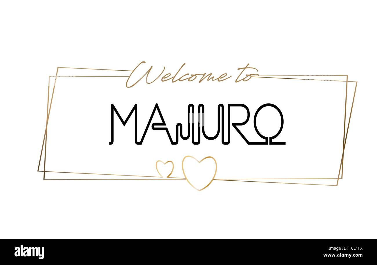 Majuro Welcome to text Neon lettering typography. Word for logotype, badge, icon, card, postcard, logo, banner with Wired Golden Frames and Hearts Des Stock Vector