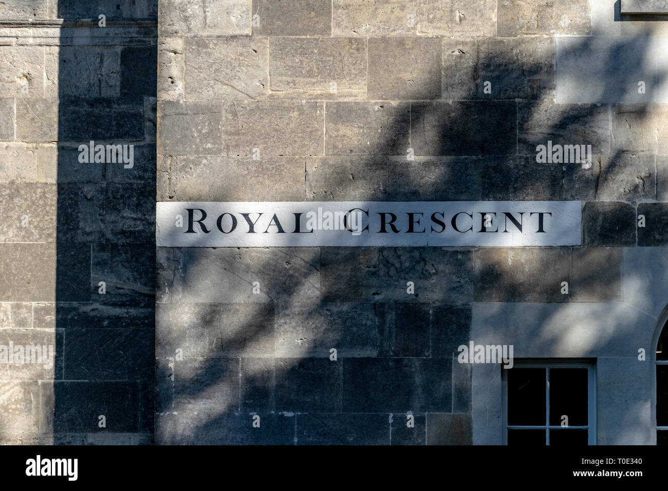 Street name for Royal Crescent on the side of a building in Bath, England Stock Photo