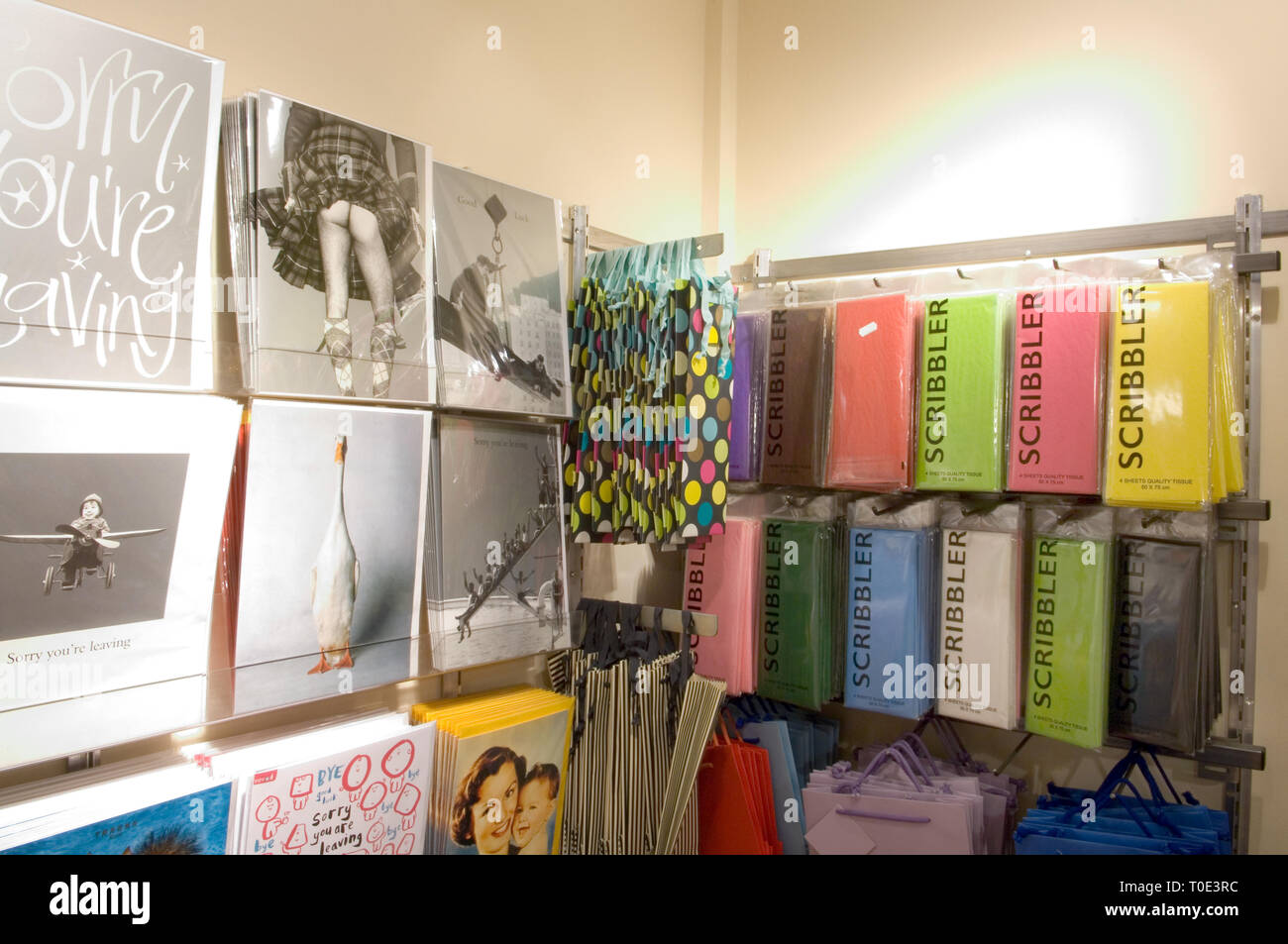 A greetings card and wrapping display display in a shop. Stock Photo