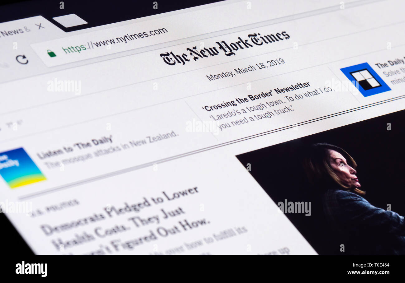 The New York Times (NYT) news website front page for the online version of the American Newspaper. Stock Photo