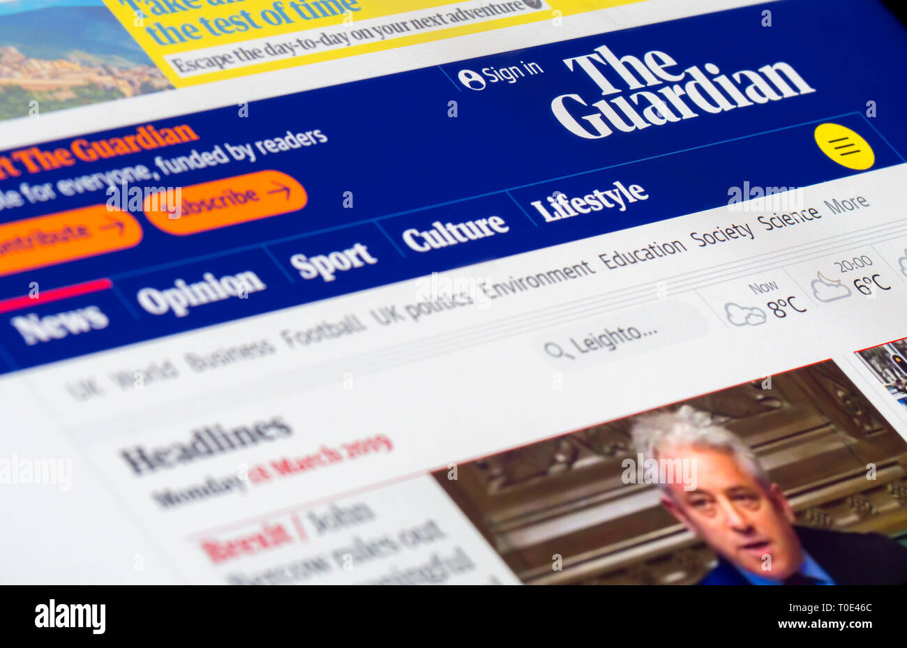 The Guardian news website front page for the online version of the Guardian Newspaper in the UK.. Stock Photo