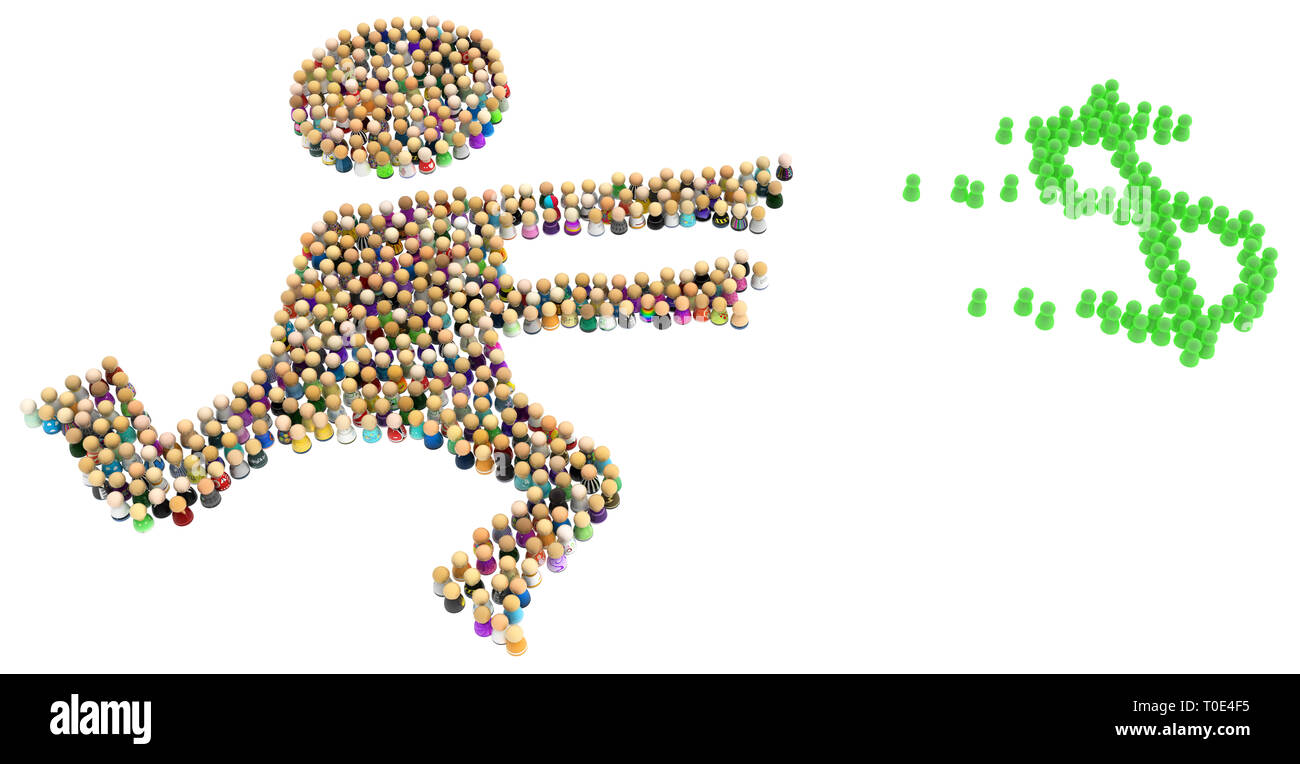Shape Chasing Crowd of small symbolic figures forming big person shape chasing money ...