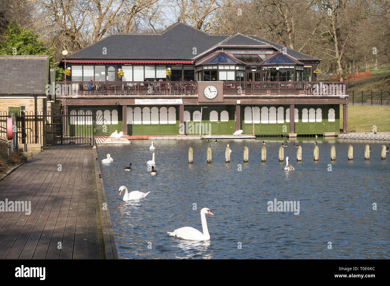 The Lakeside Café and boathouse in Roundhay Park, Leeds, West Yorkshire, England, UK Stock Photo