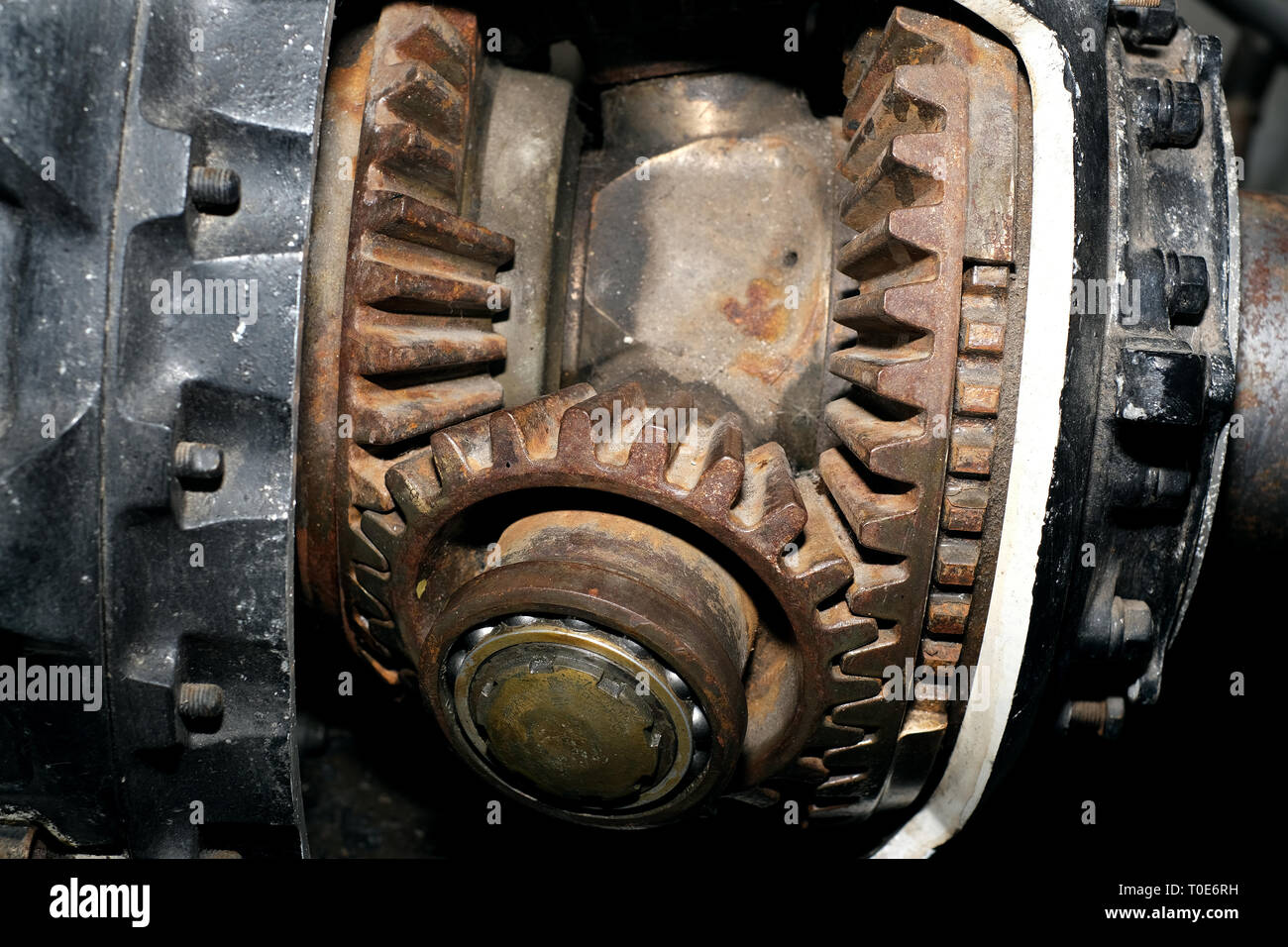 Old differential drive cogs in piston engine aircraft power transmission train to propeller. Stock Photo