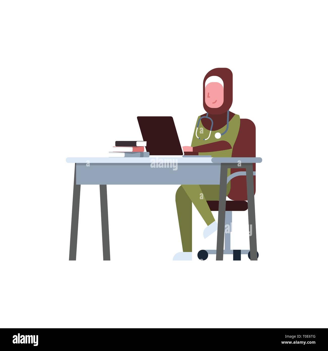 arab female doctor using laptop at workplace desk arabic woman in hijab and  uniform hospital medicine worker cartoon character full length white Stock  Vector Image & Art - Alamy