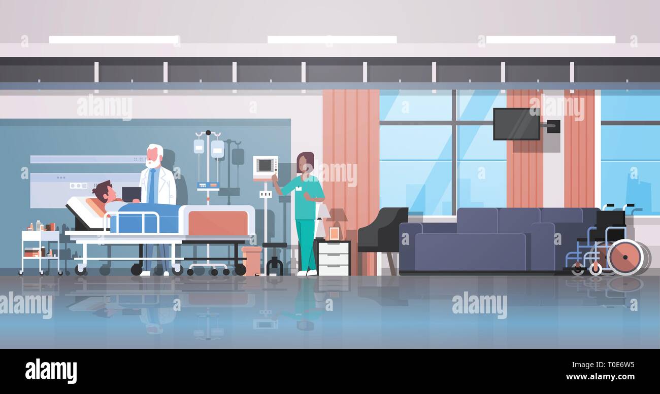 doctor and nurse visiting patient man lying bed with dropper intensive therapy ward healthcare concept hospital room interior modern medical clinic Stock Vector