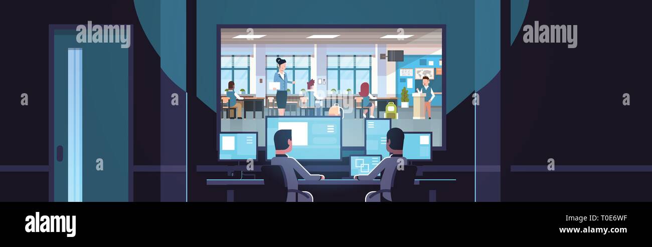 two men looking at monitors sitting behind glass window teacher with pupils studying in school classroom dark office interior surveillance security Stock Vector