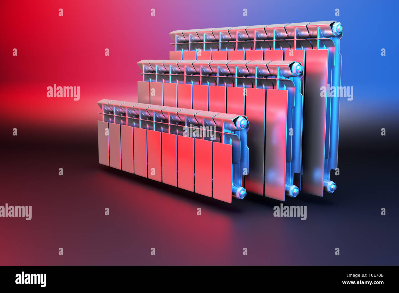 3D rendering. Central heating radiators with many sections. Many white