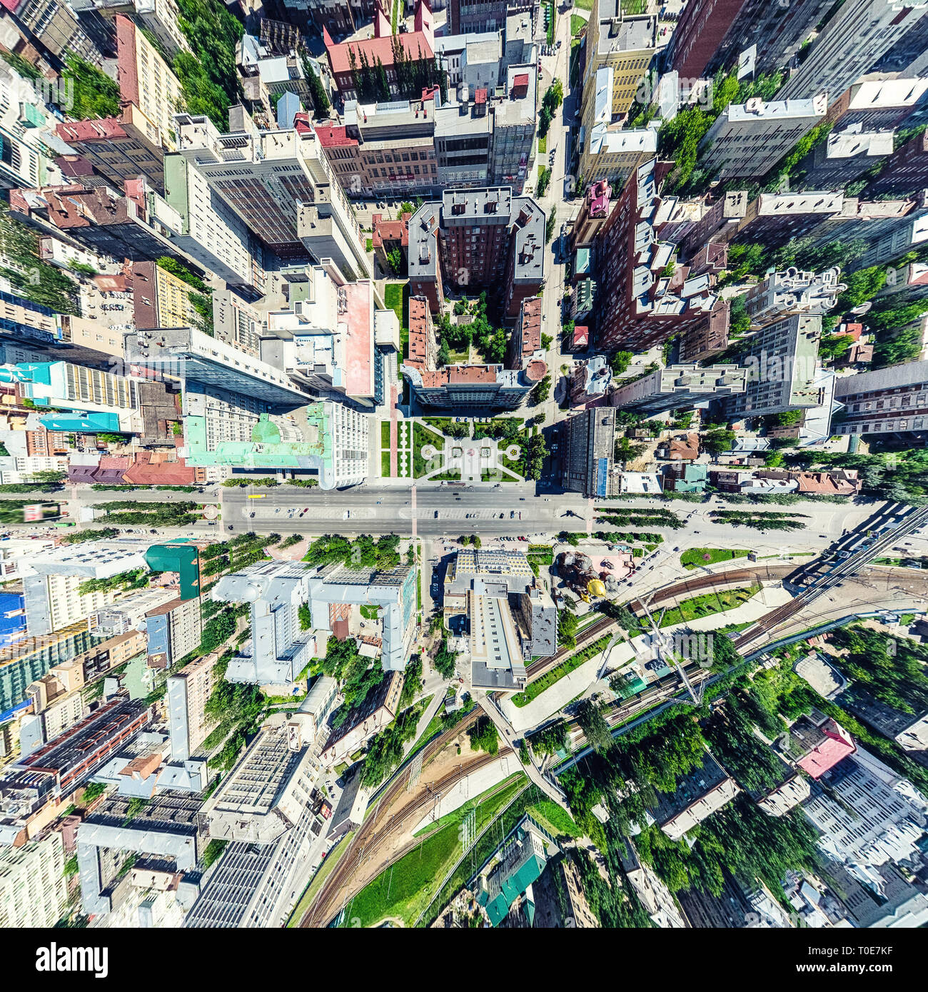 Aerial City View With Crossroads And Roads Houses Buildings Parks 
