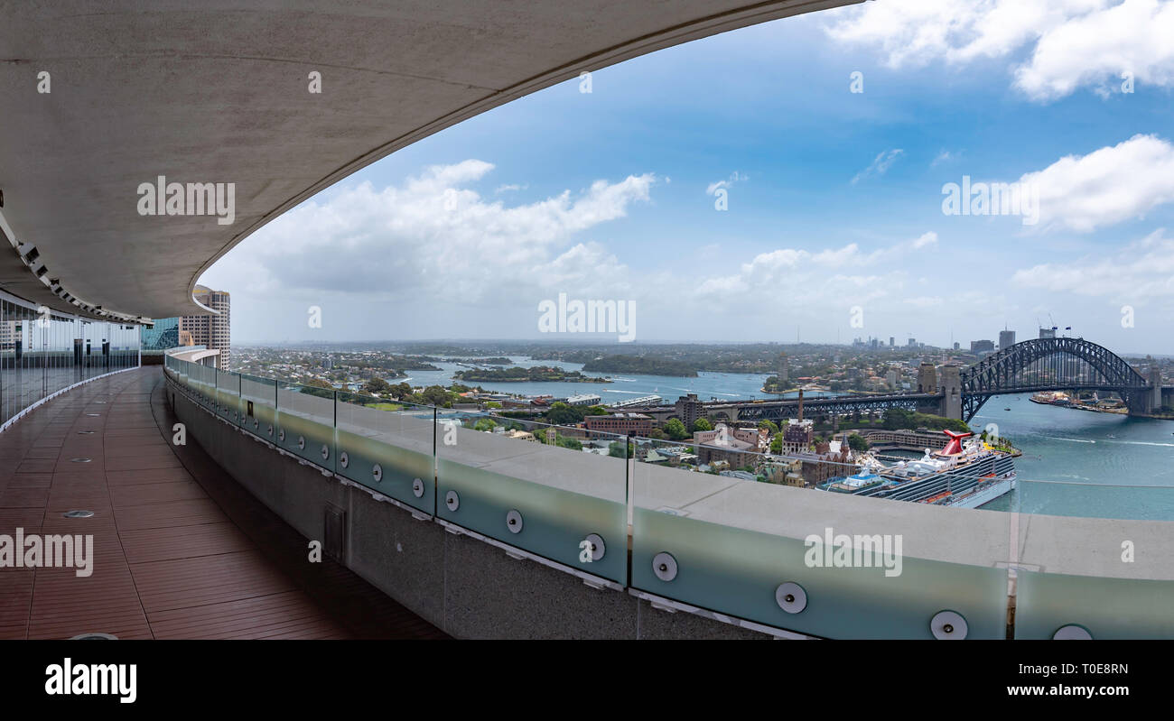 Open to the public only once a year, the viewing platform from the curved AMP building in Sydney provides a commanding view of the bridge and harbour Stock Photo