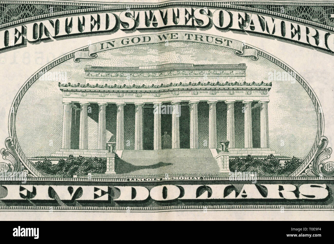 Detail of a 5 Dollar Banknote with Lincoln memorial Stock Photo