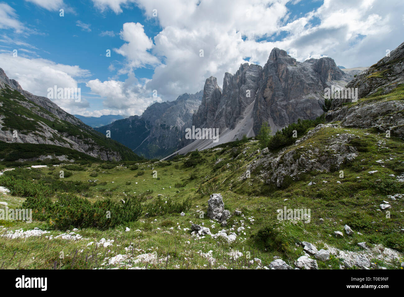 Dolomites green and blue landscape. Beautiful peaks in the background, Dolomites, Sudtirol, Trentino Alto Adige, Italy Stock Photo