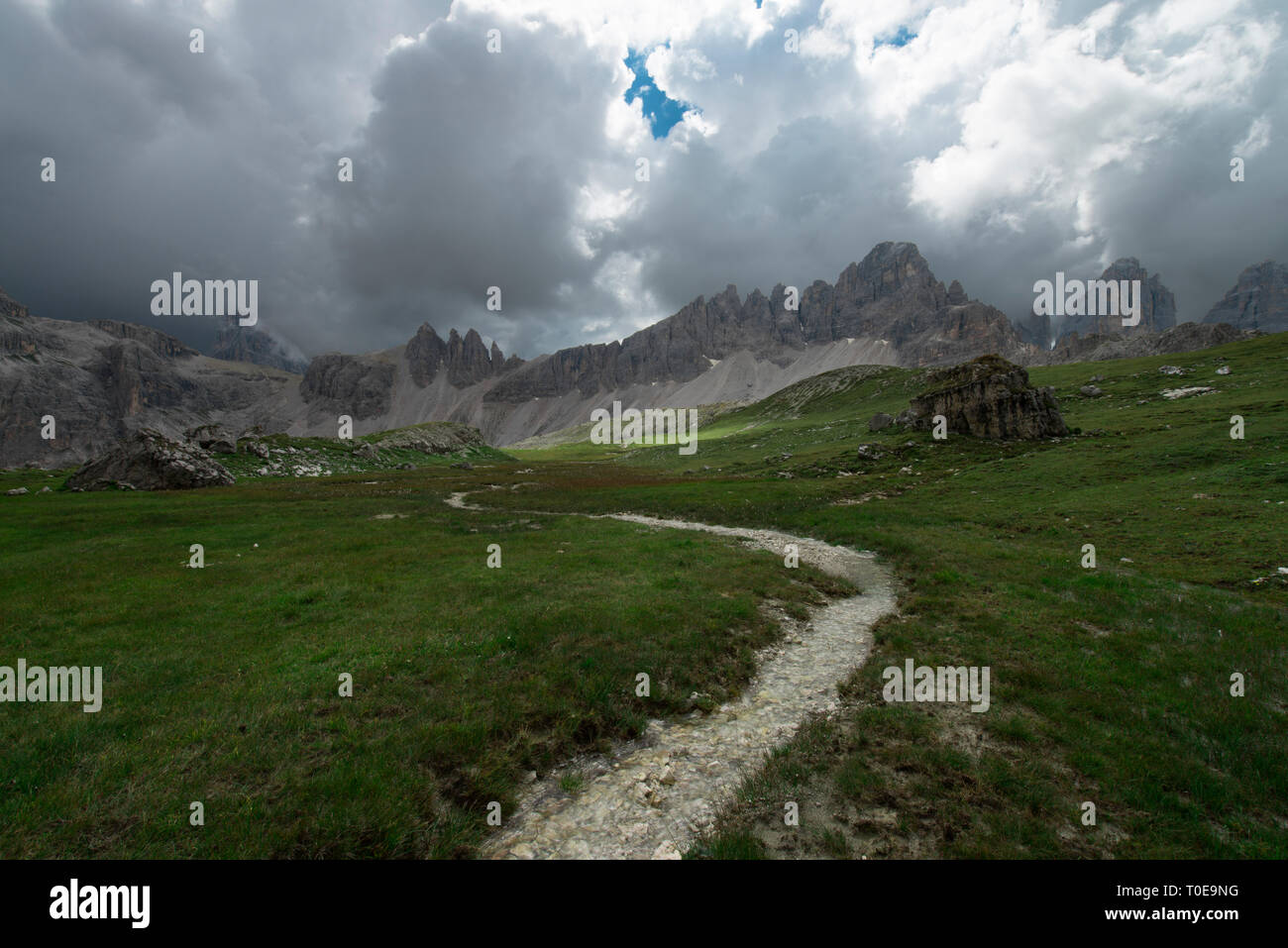 A Little Stream in Dolomites landscape. Little river stream in the mountain, Dolomites, Sudtirol, Trentino Alto Adige, Italy Stock Photo