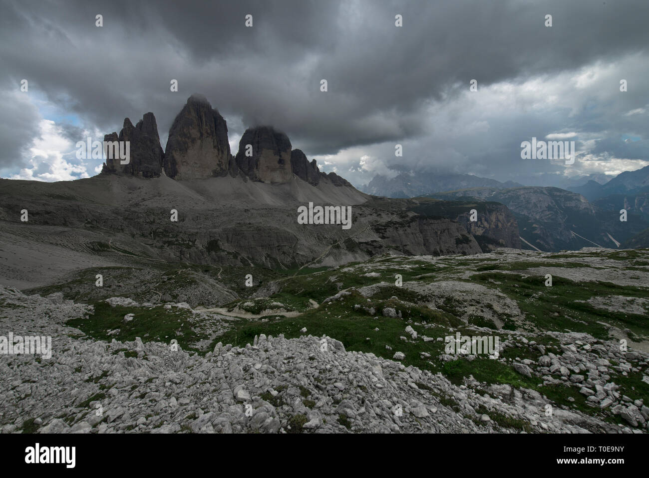 View of three peaks of Lavaredo ( also called Tre Cime di Lavaredo, Drei Zinnen or Three Merlons ), Dolomites, Sudtirol, Trentino Alto Adige, Italy Stock Photo