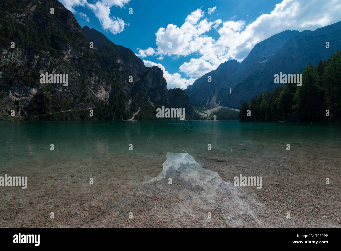 View of the Braies Lake ( Pragser Wildsee, also called Lago di Braies or Lake Prags ) in Dolomites mountains, Sudtirol, Trentino Alto Adige, Italy Stock Photo