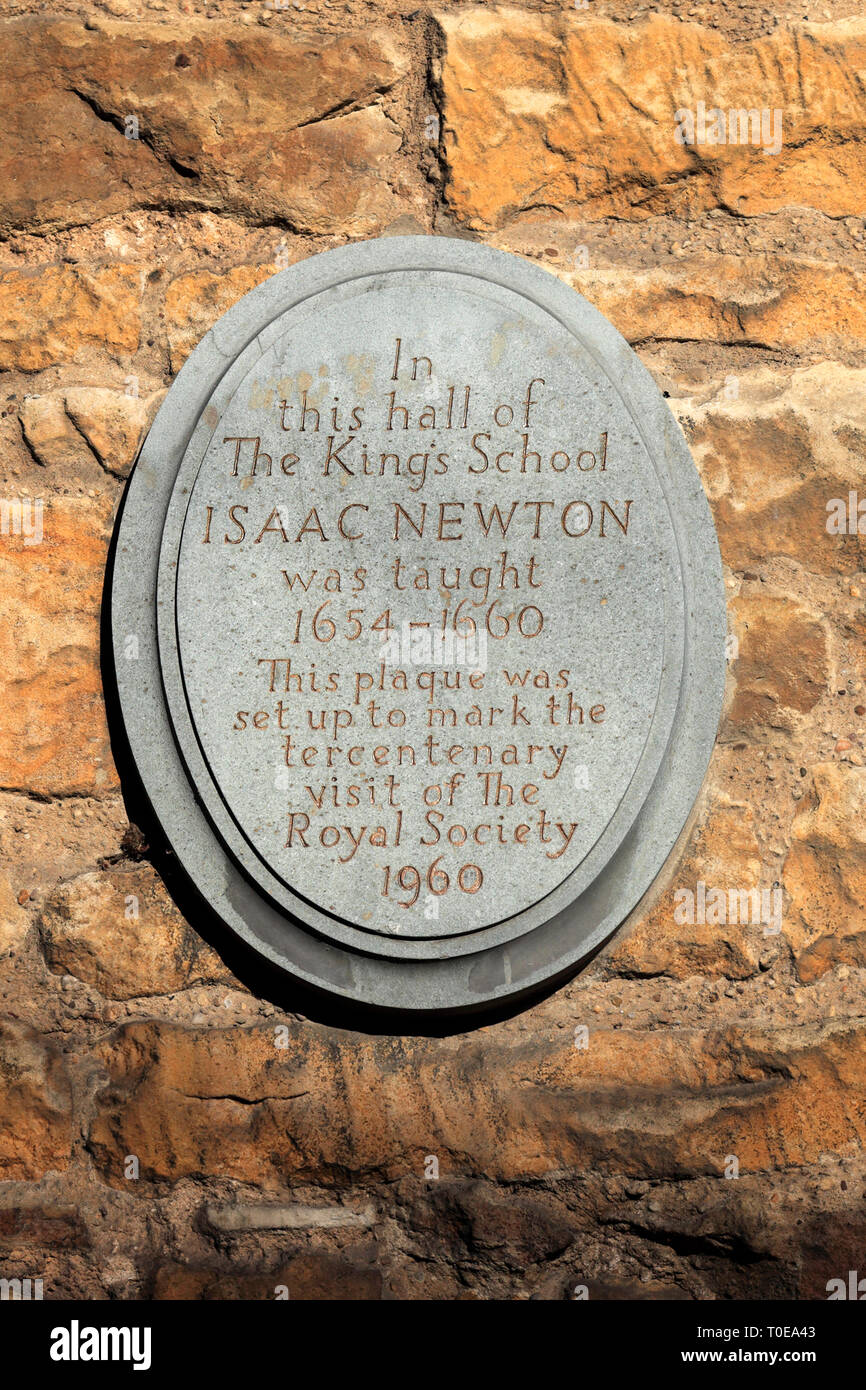 Isaac Newton plaque, Kings school hall, Castlegate, Grantham town, Lincolnshire, England; UK Stock Photo