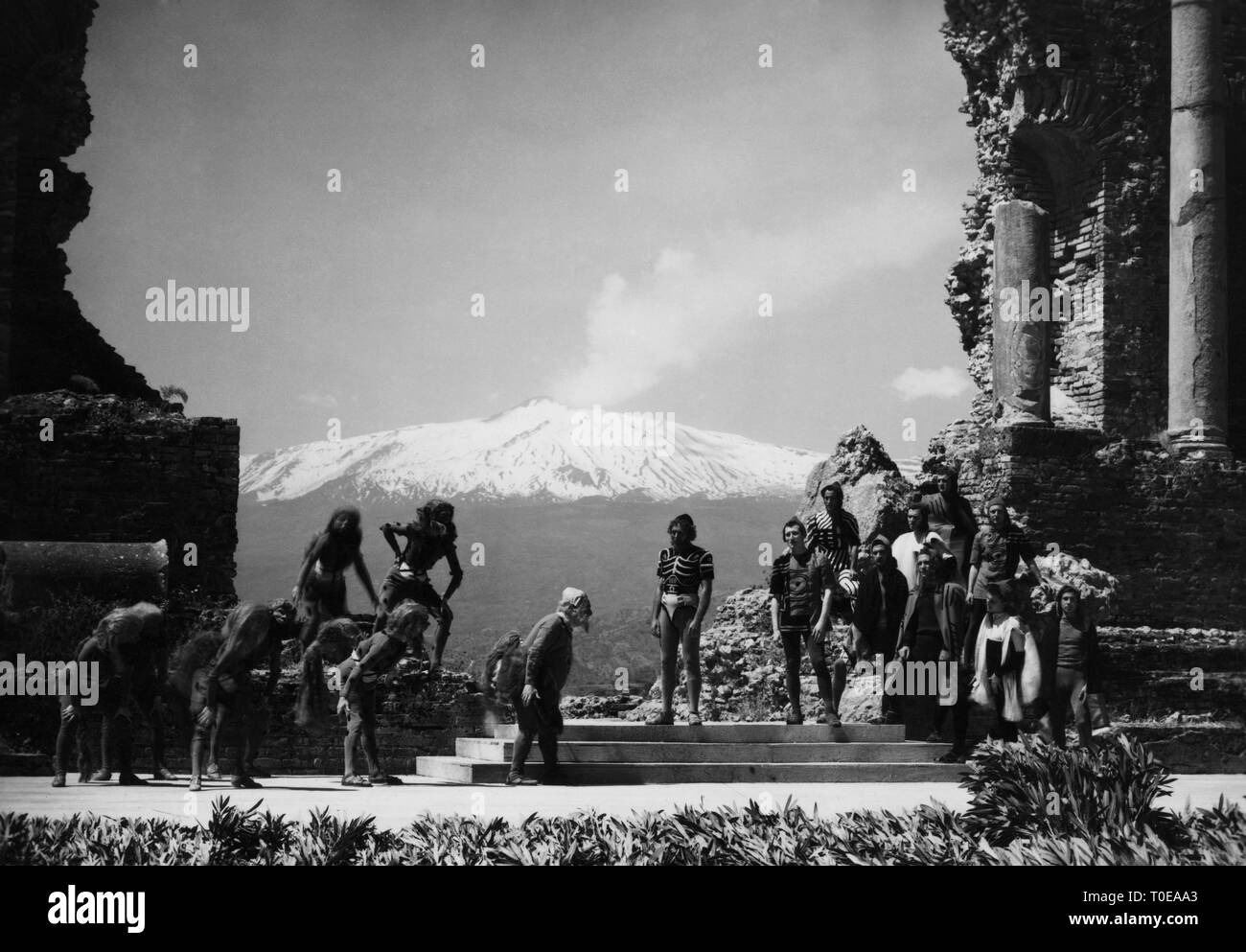 Italy, Sicily, Taormina, greek theater Roman representation of the Cyclops of Euripides, 1949 Stock Photo