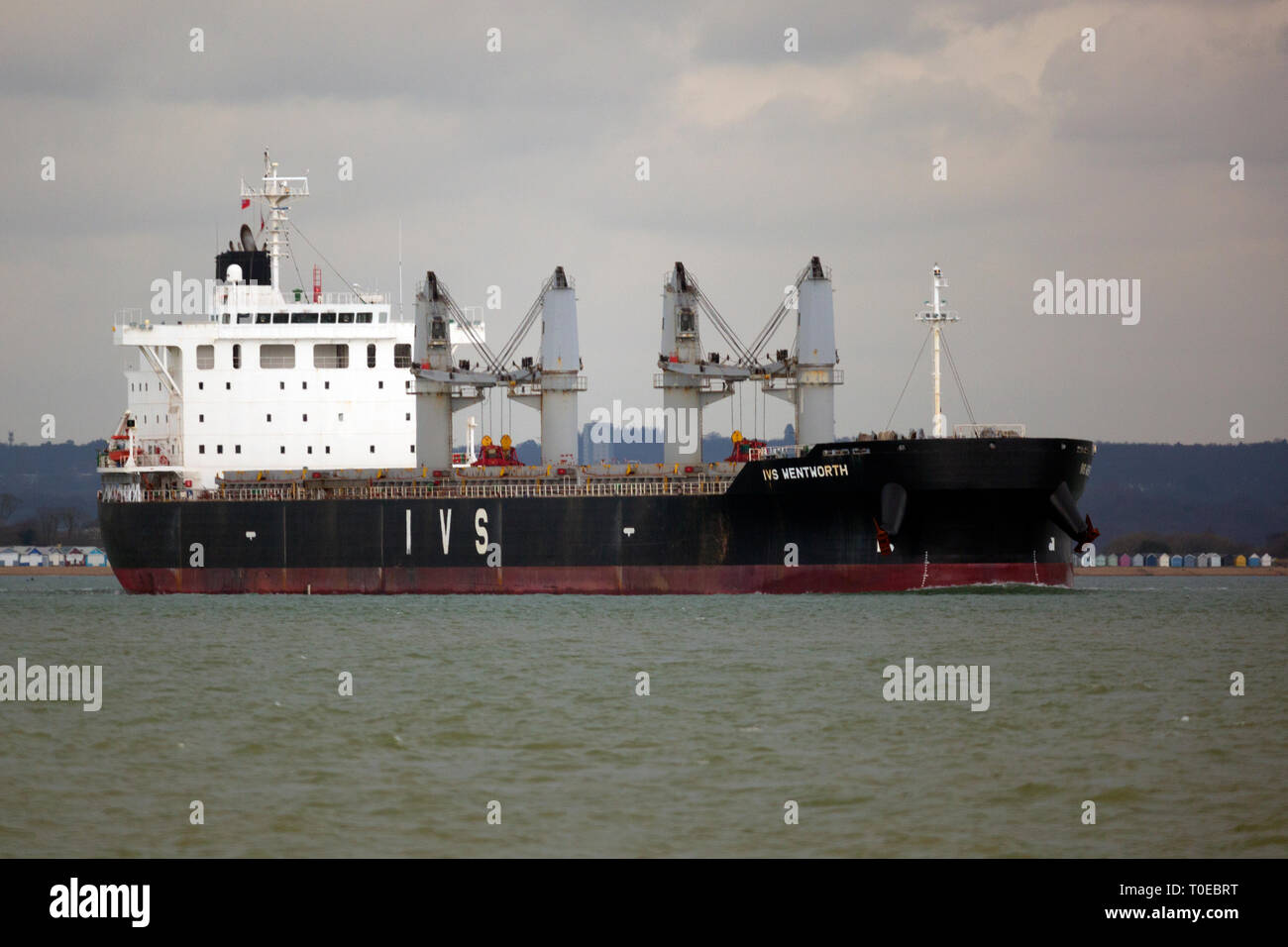 Ship,Shipping,Bulk,Carrier,IVS,Wentworth,Singapore,flag,home,port,leaving Southampton,Port,entering,The Solent,Cowes,Isle of Wight, England,UK, Stock Photo