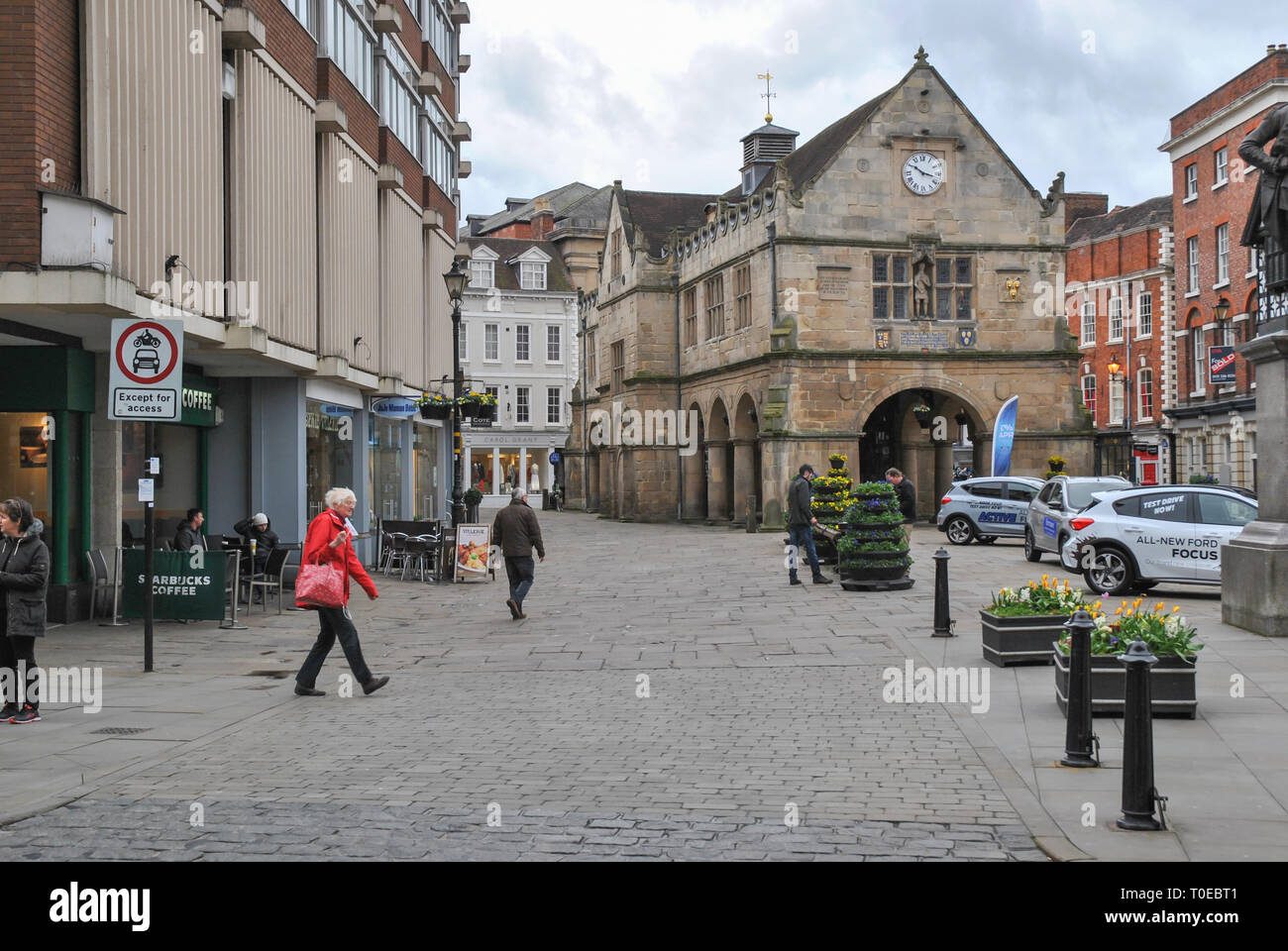 The Square in Shrewsbury showing The Old Market Hall and people Stock Photo
