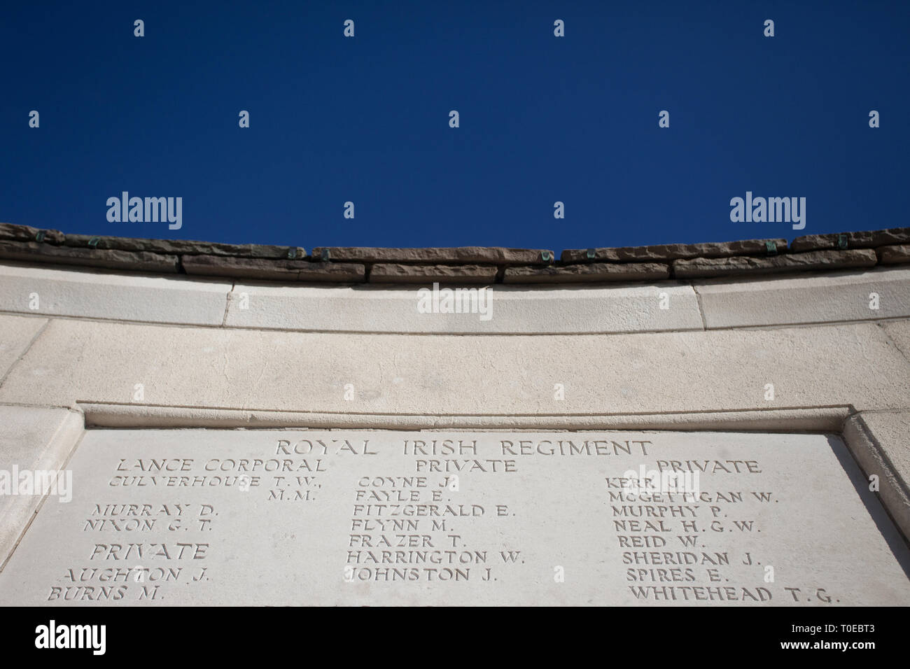 The names of  soldiers of the allied forces who died in the Somme, who have no known grave, inscribed in limestone at Tyne Cot Cemetery in Belgium. Stock Photo