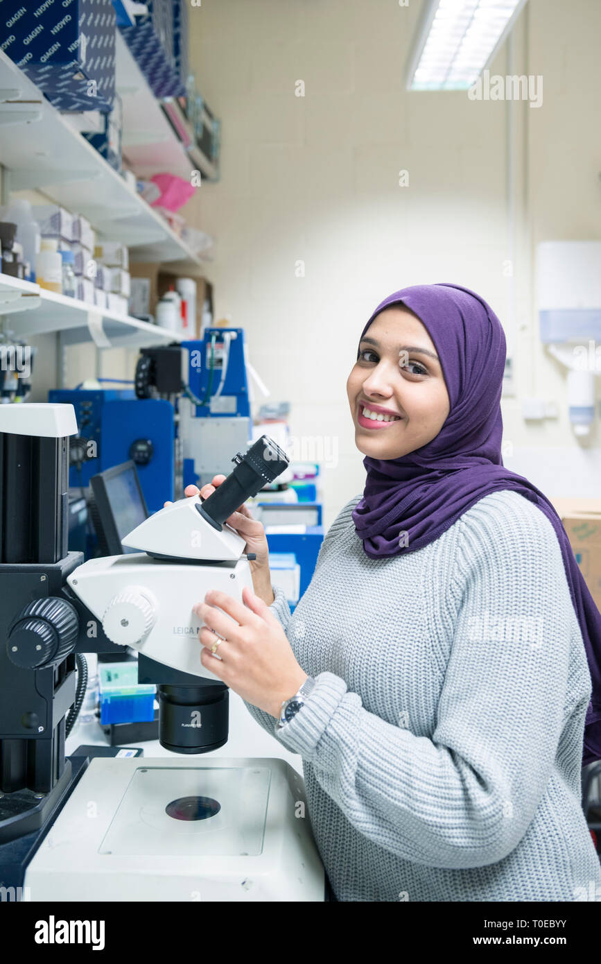 A muslim woman uses the scientific equipment in a research laboratory ...